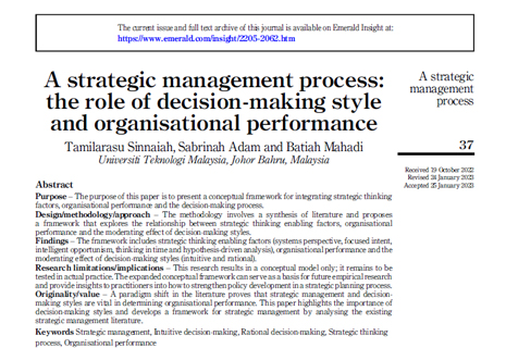 دانلود مقاله ترجمه شده درباره مدیریت استراتژیک، سبک تصمیم گیری و عملکرد سازمانی
